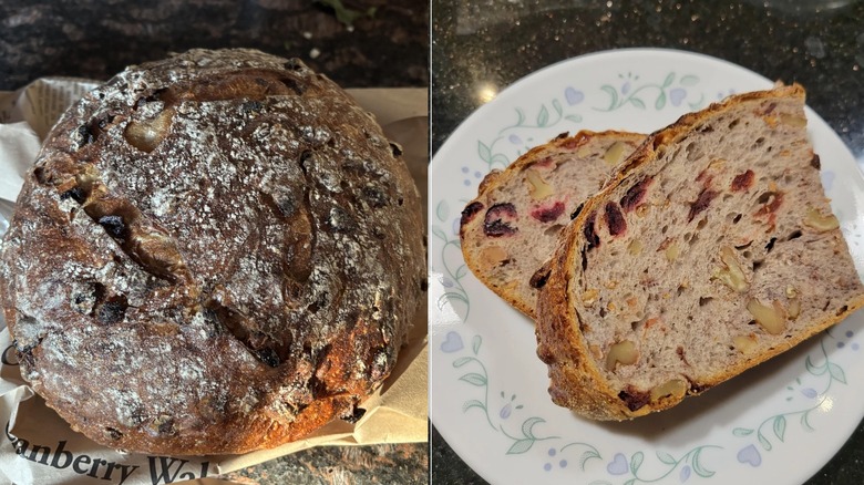Side by side photos of Kirkland Signature cranberry walnut round bread and slice