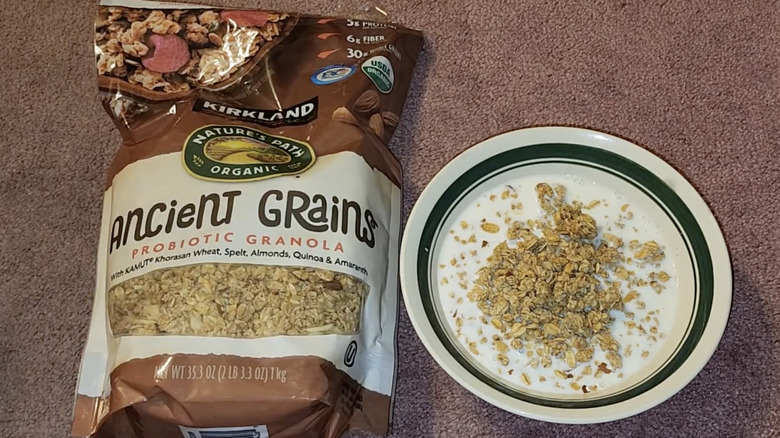 Bag of prepared bowl of Kirkland Signature Organic Ancient Grain Granola