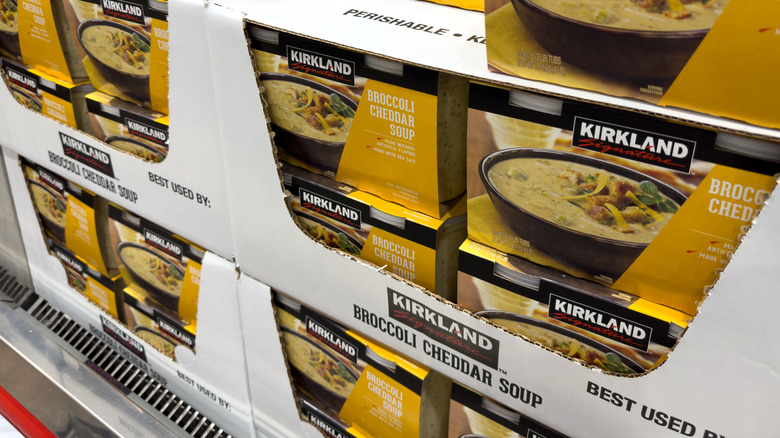display of Kirkland broccoli cheddar soup
