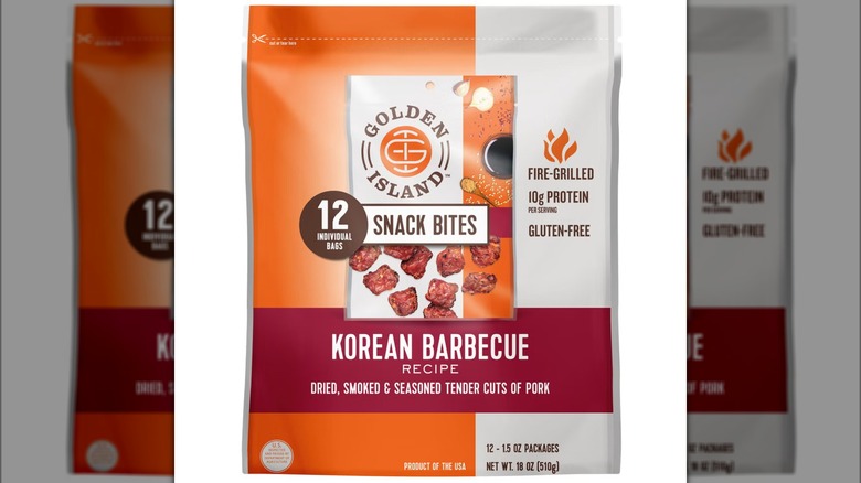 Package of Golden Island Korean barbecue pork snack bites against white background.