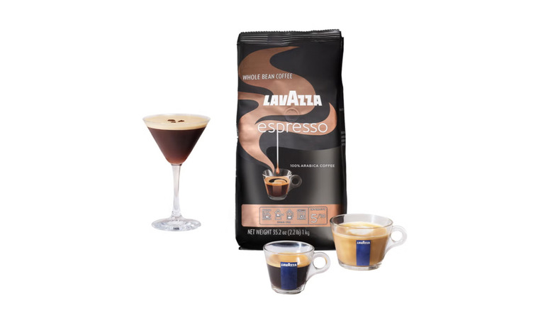 Bag of Lavazza coffee with various coffee drinks against white background.