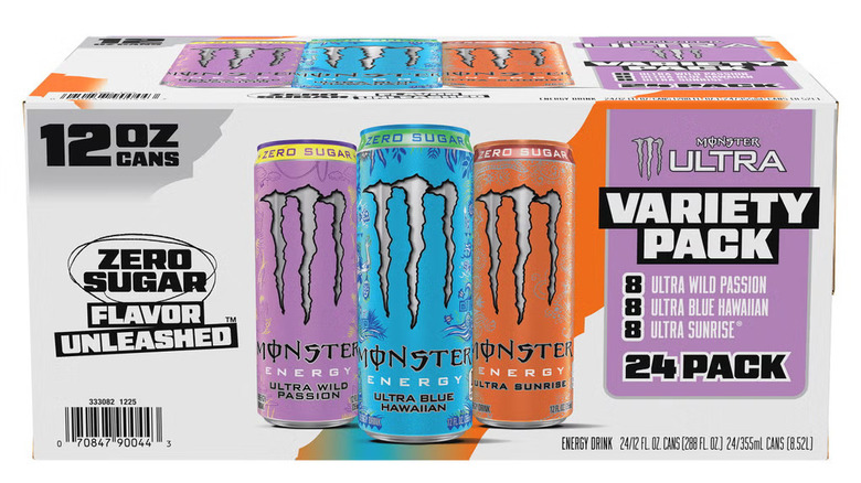 Monster Ultra zero-sugar energy drinks pack against white background.