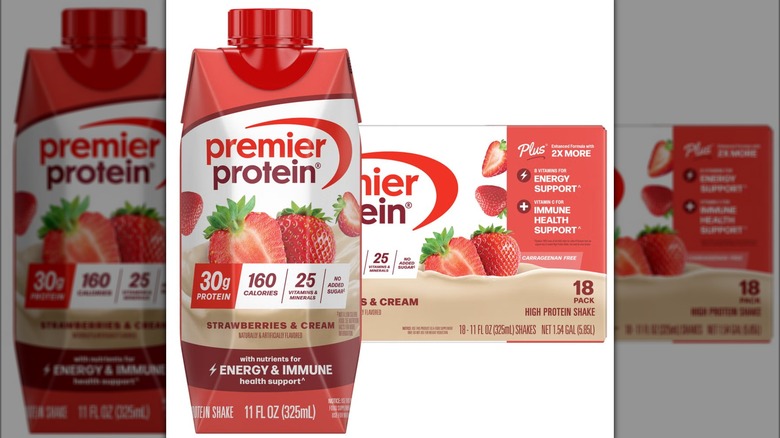 Strawberries & cream Premier protein shakes against white background.