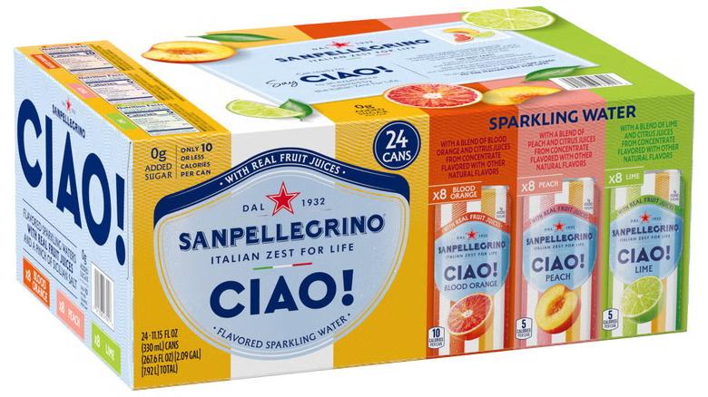 Box of San Pellegrino Ciao! sparkling waters against white background.