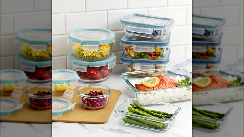 Snapware Pyrex 18-piece glass food storage set in white kitchen.