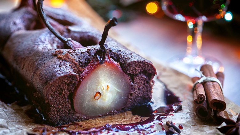 Poached pear and red wine chocolate cake