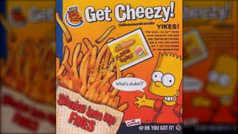 Early 2000s promotional poster for Burger King's Shake 'Em Up Fries, with cartoon character Bart Simpson and lots of wording in the ad.