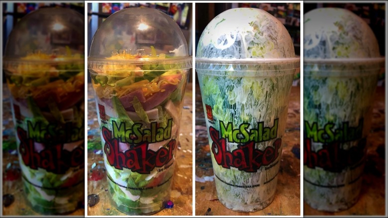 Two McSalad Shakers side by side, one before shaken with dressing, and the other shaken with Ranch dressing.
