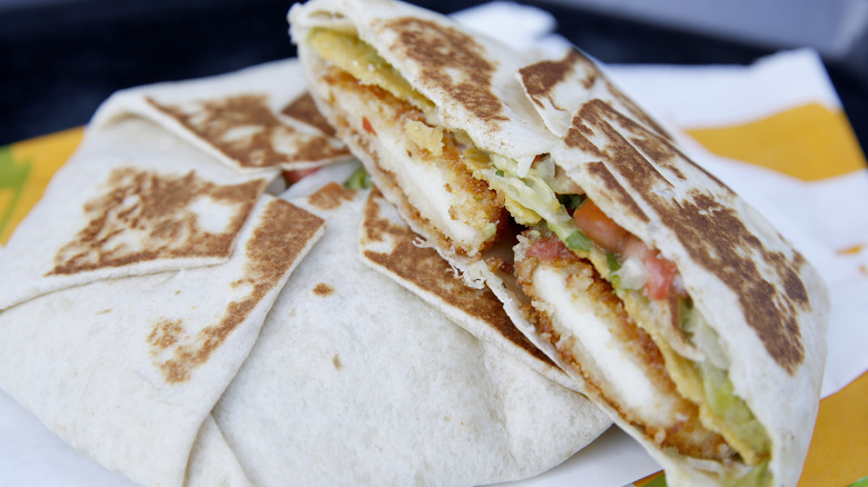 A Taco Bell Crunchwrap sliced