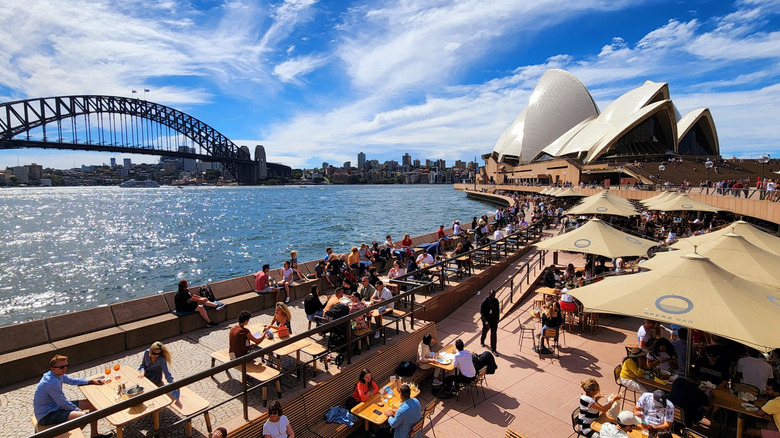 Diners at restaurant with view of the Sydney Opera House and Harbour Bridge