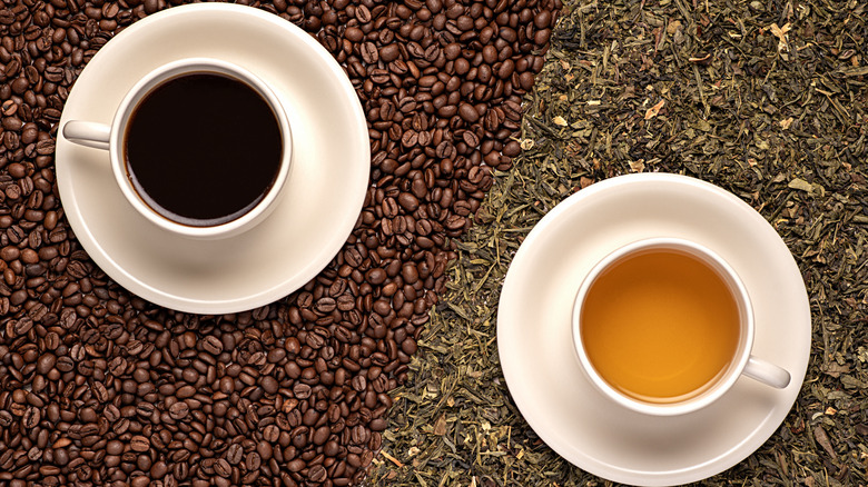 Above shot photos of coffee and tea in cups and saucers