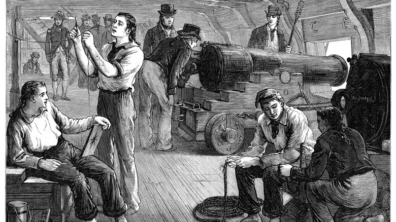 Black and white sketch of sailors aboard an 18th century war ship