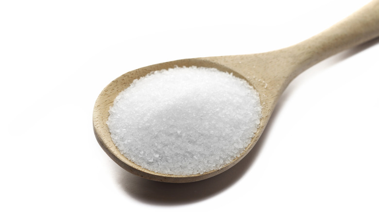 Wooden spoon filled with fine sea salt