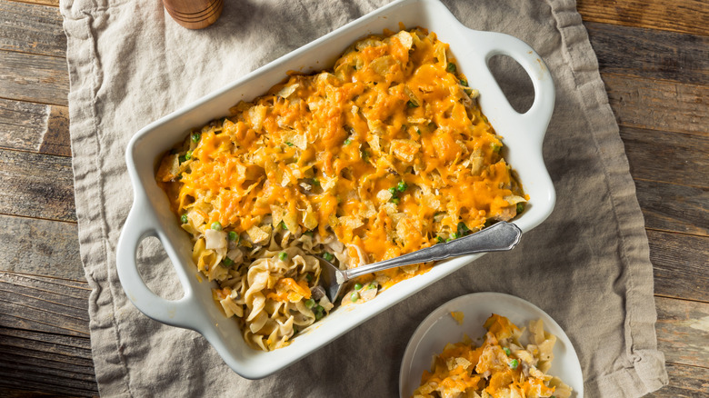 Homemade tuna casserole in a white dish