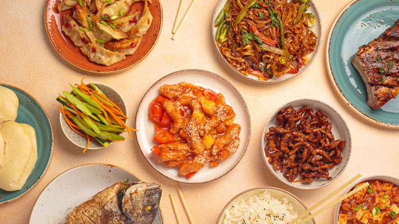 A selection of Hunan dishes on restaurant table