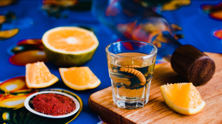 Mezcal shot with a worm