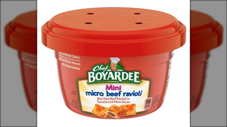 Small microwavable bowl of mini beef ravioli.