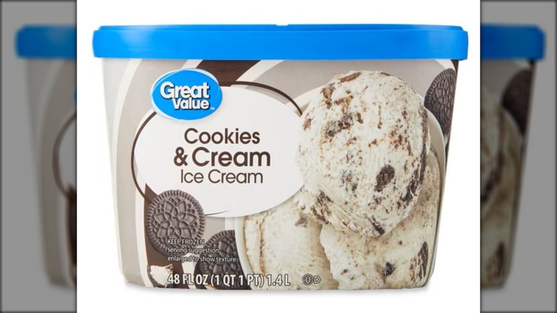 Carton of cookies and cream-flavored ice cream.