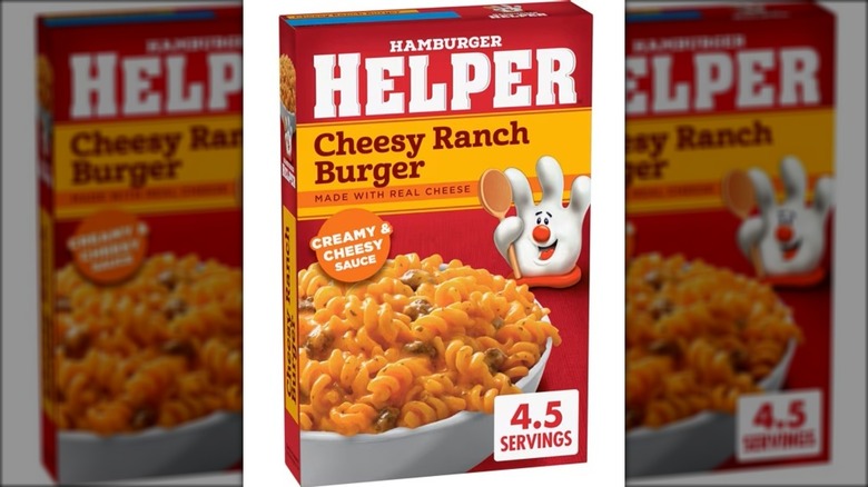 Box of pasta with creamy cheese sauce for mixing with beef.