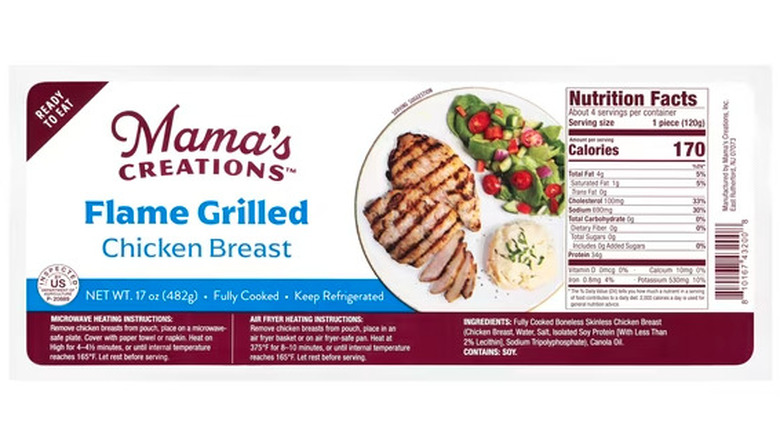 Package of fully cooked chicken breasts.