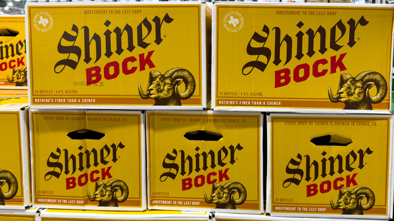 Multiple 24-packs of Shiner Bock stacked on top of each other