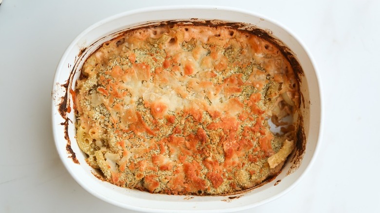 Casserole dish of baked mac and cheese