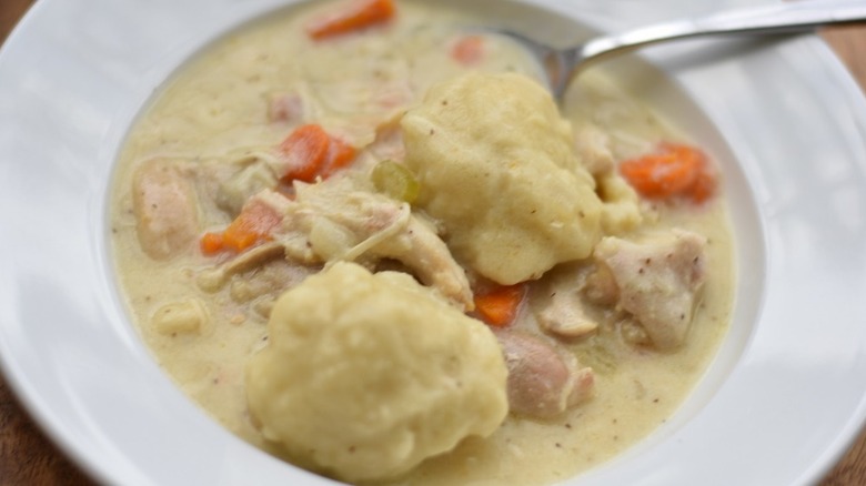Homemade chicken and dumplings in a bowl
