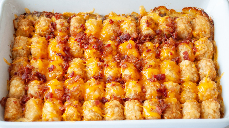 Top view of tater tot casserole with cheese