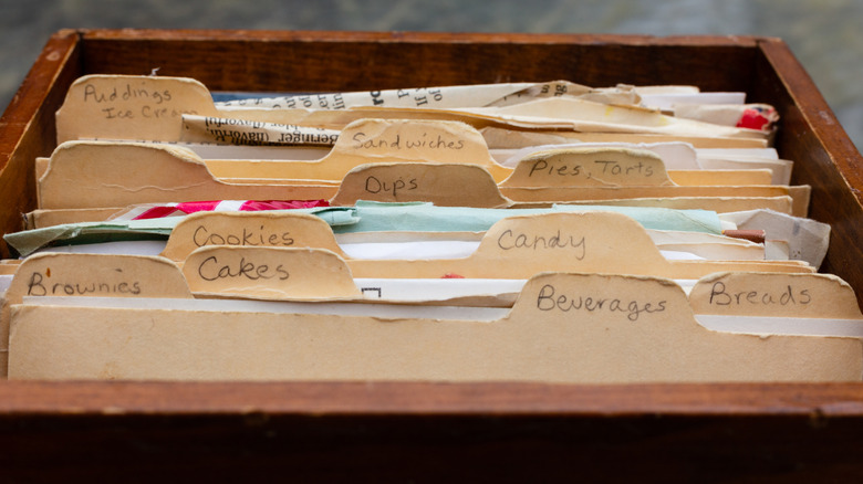 Handwritten recipe cards in box