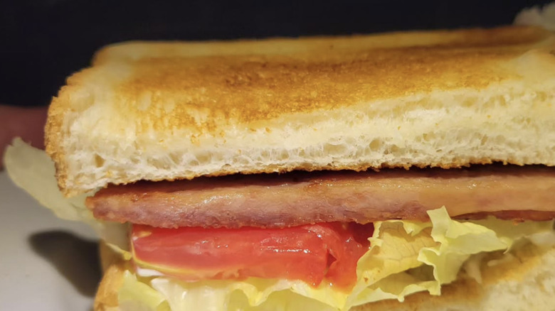 Spam sandwich with lettuce and tomato