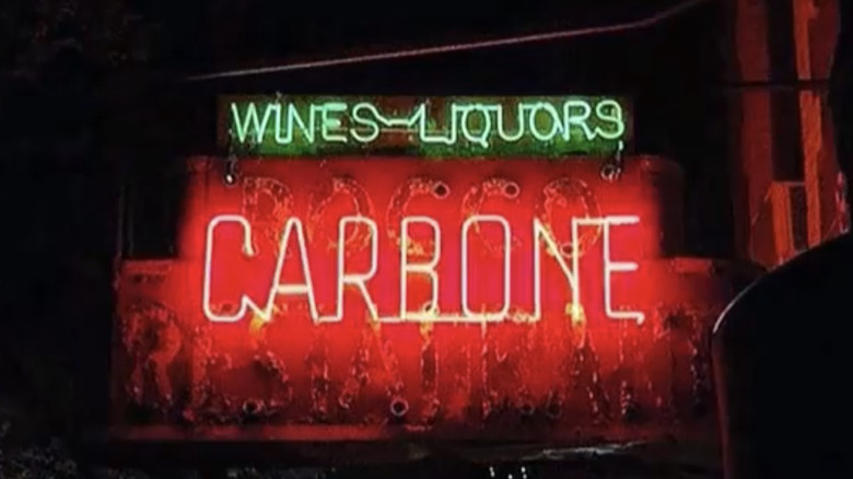 The neon sign in front of Carbone restaurant
