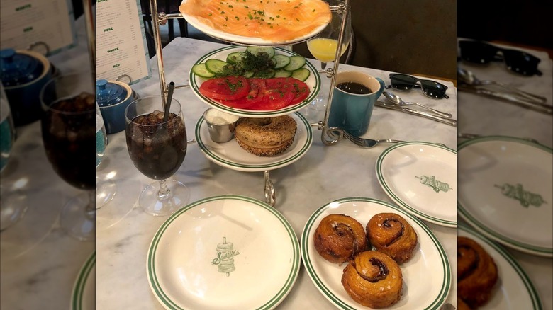 Smoked salmon, cucumber, and baked goods at Sadelle's in New York