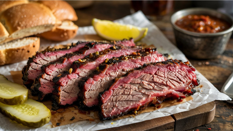 Slices of medium rare beef with bread and pickles on a wooden cutting board