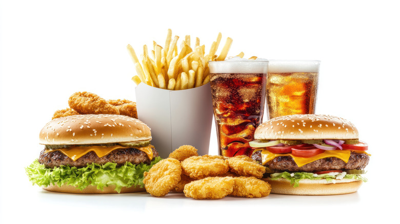 A variety of fast food items on a white background