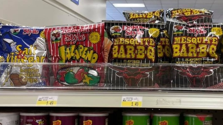 Bags of Dakota Style potato chips on store shelves