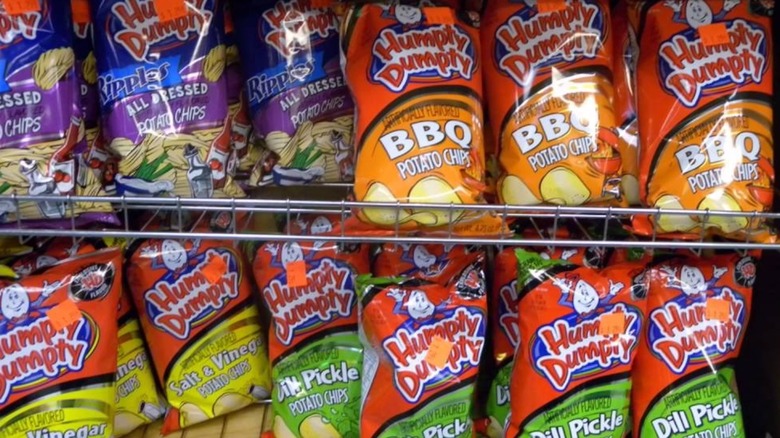 Bags of Humpty Dumpty potato chips on store shelves