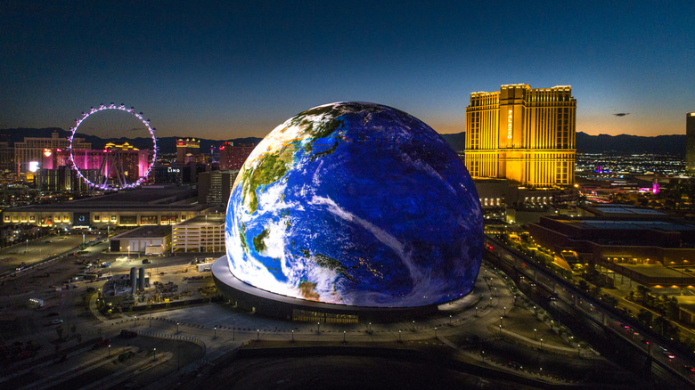 Drone shot of Sphere at sunset in Las Vegas