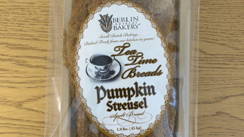 Package of Berlin Natural Bakery Pumpkin Streusel Spelt Bread on a wooden surface