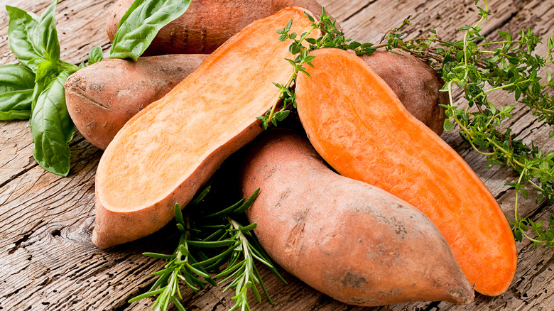 sweet potatoes and herbs