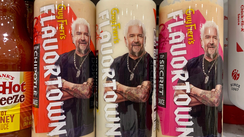 Close-up of Flavortown sauces on a shelf in a grocery store