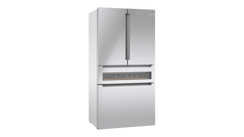 French door stainless steel refrigerator on a white background
