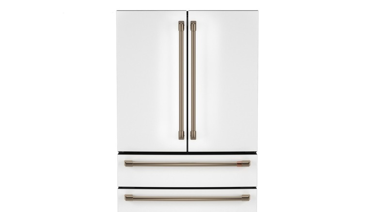 White French door refrigerator with gold hardware