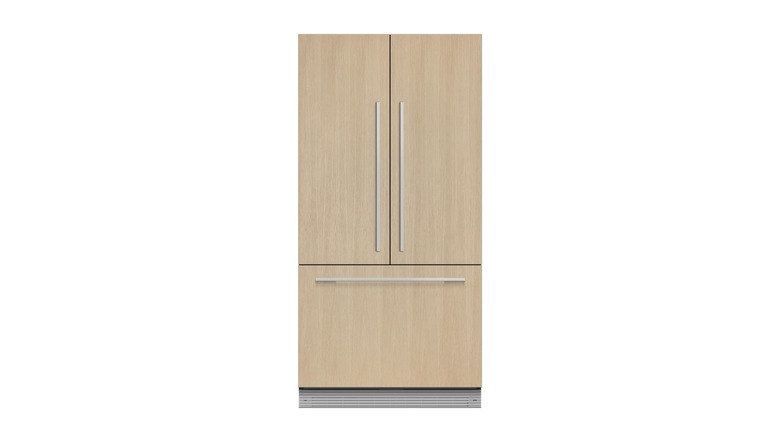 Wood-paneled French door refrigerator with silver hardware