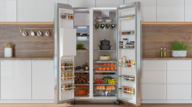 An open stainless steel side-by-side refrigerator in a sleek and modern kitchen