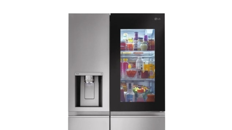 Stainless steel side-by-side refrigerator with a see-through glass panel