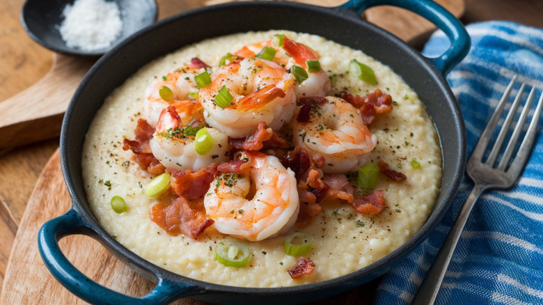 Shrimp and grits in a cast iron bowl on a nicely set table