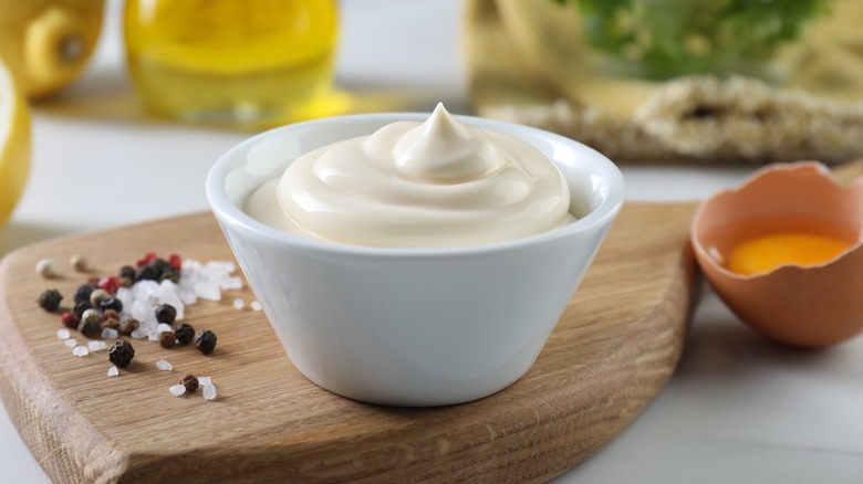 homemade mayonnaise in white bowl