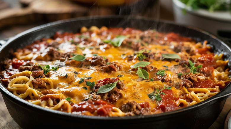 close up of steam Johnny Marzetti casserole topped with melted cheese and herbs