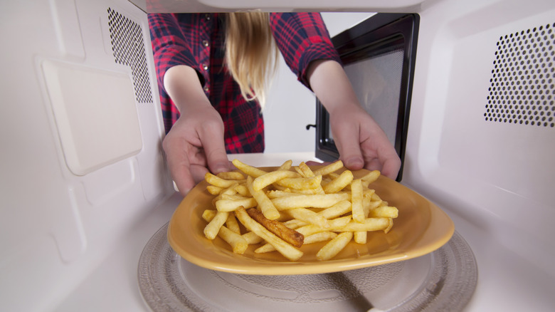 Woman putting plate of fries in microwave