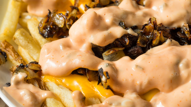 Homemade animal fries with cheese, onions, sauce
